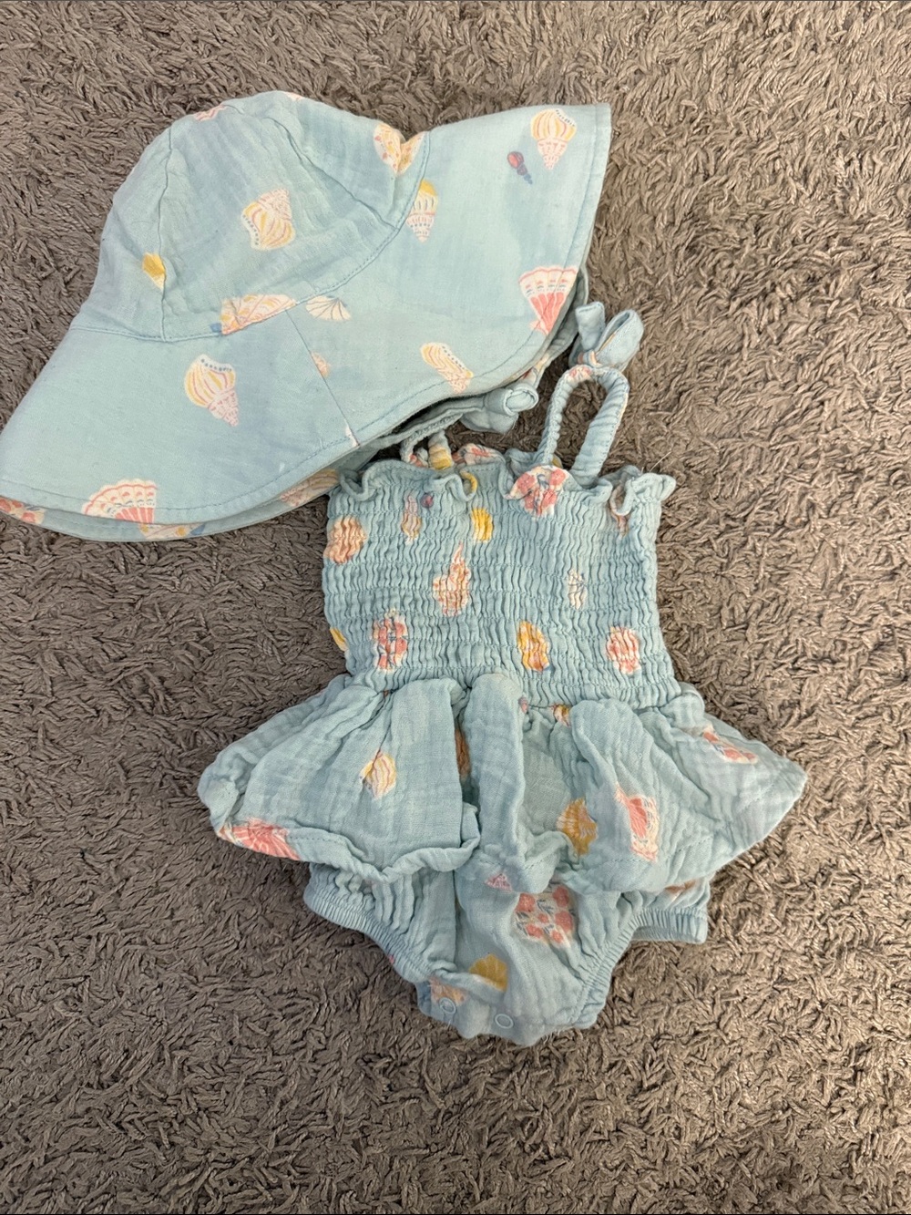 Angel Dear Light Blue Seashell Sun Hat & Ruffled Romper
